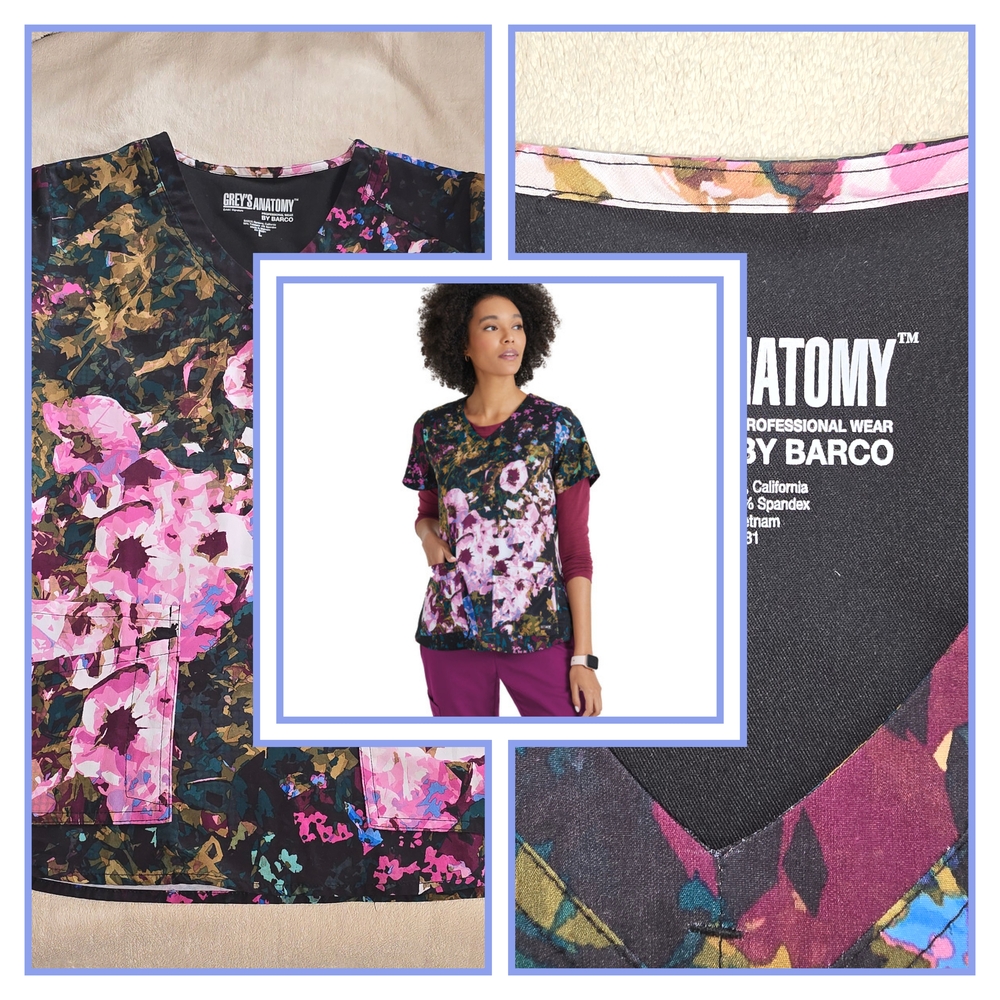 Grey's Anatomy Autumn Meadow Floral 4-Pocket STRETCH V-Neck Print Scrub Top